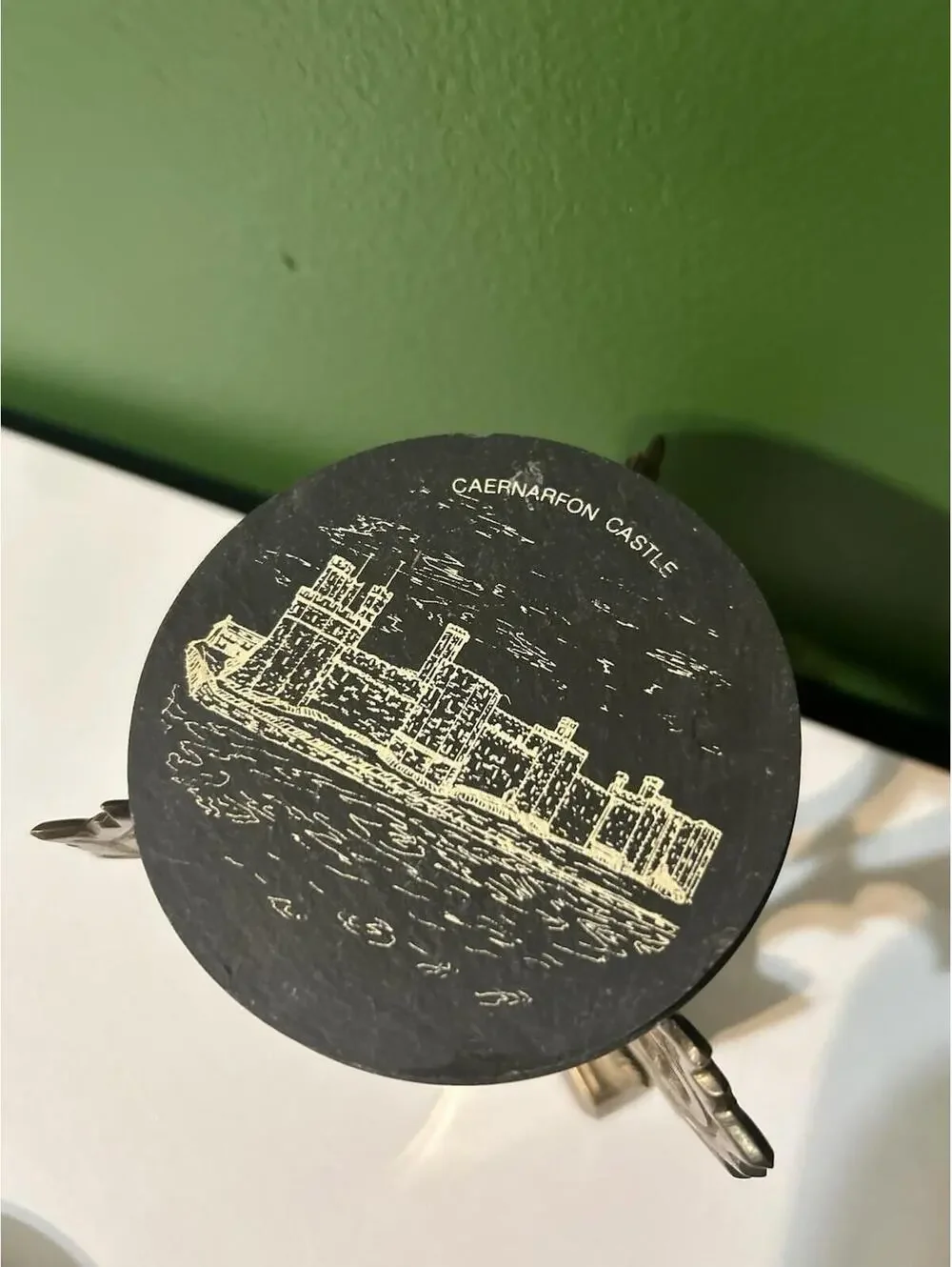 Vintage Welsh Castle Slate Coaster Set+Brass Holder Menai Bridge Harlech Barware